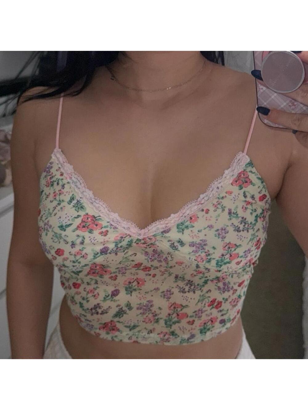 Cider Yellow floral pink lace trim mesh spaghetti tank XS
